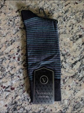 Vannucci Couture Men’s Black Socks with Blue Pinstripes